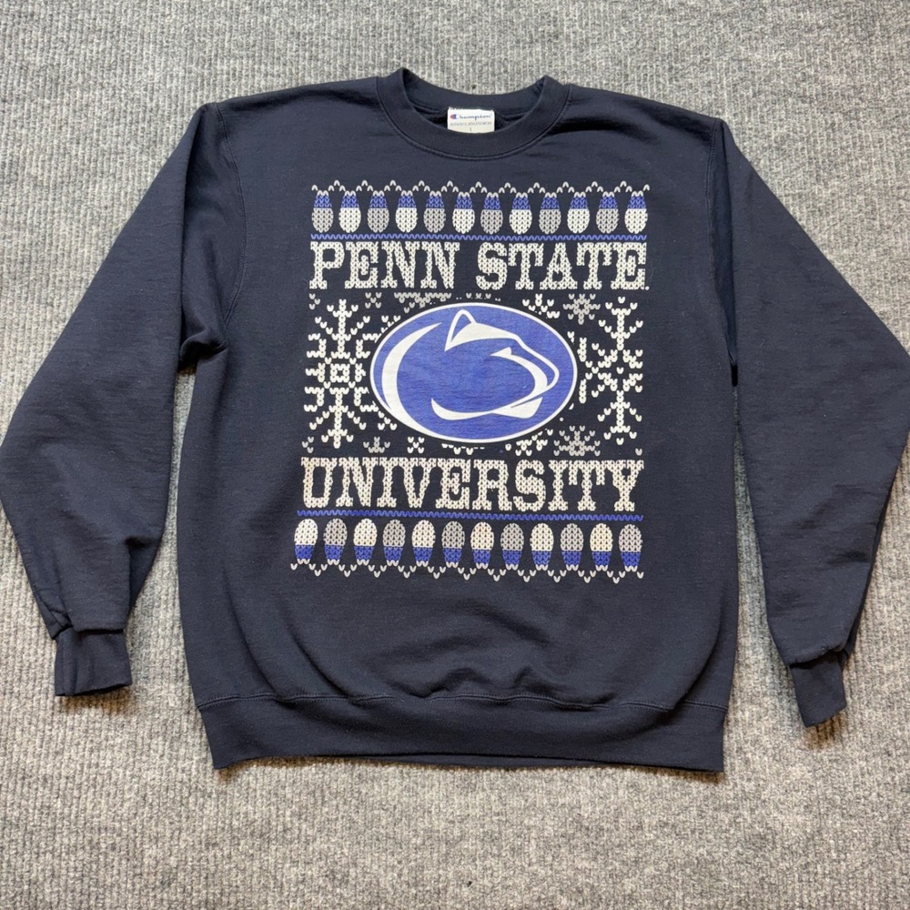 Champion Penn State Lion‎ Holiday Fleece Sweatshirt Large Navy Snowflake College